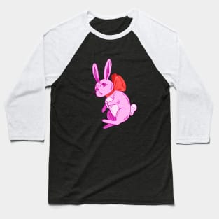 Confused Pink Bunny in Red Bow Baseball T-Shirt